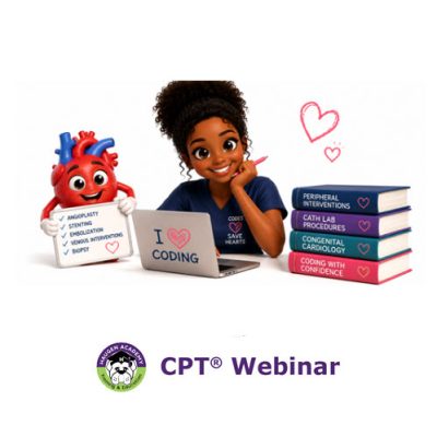 Peripheral Interventions in the Cath Lab Webinar Image. Girl studying on laptop with books and animated heart.